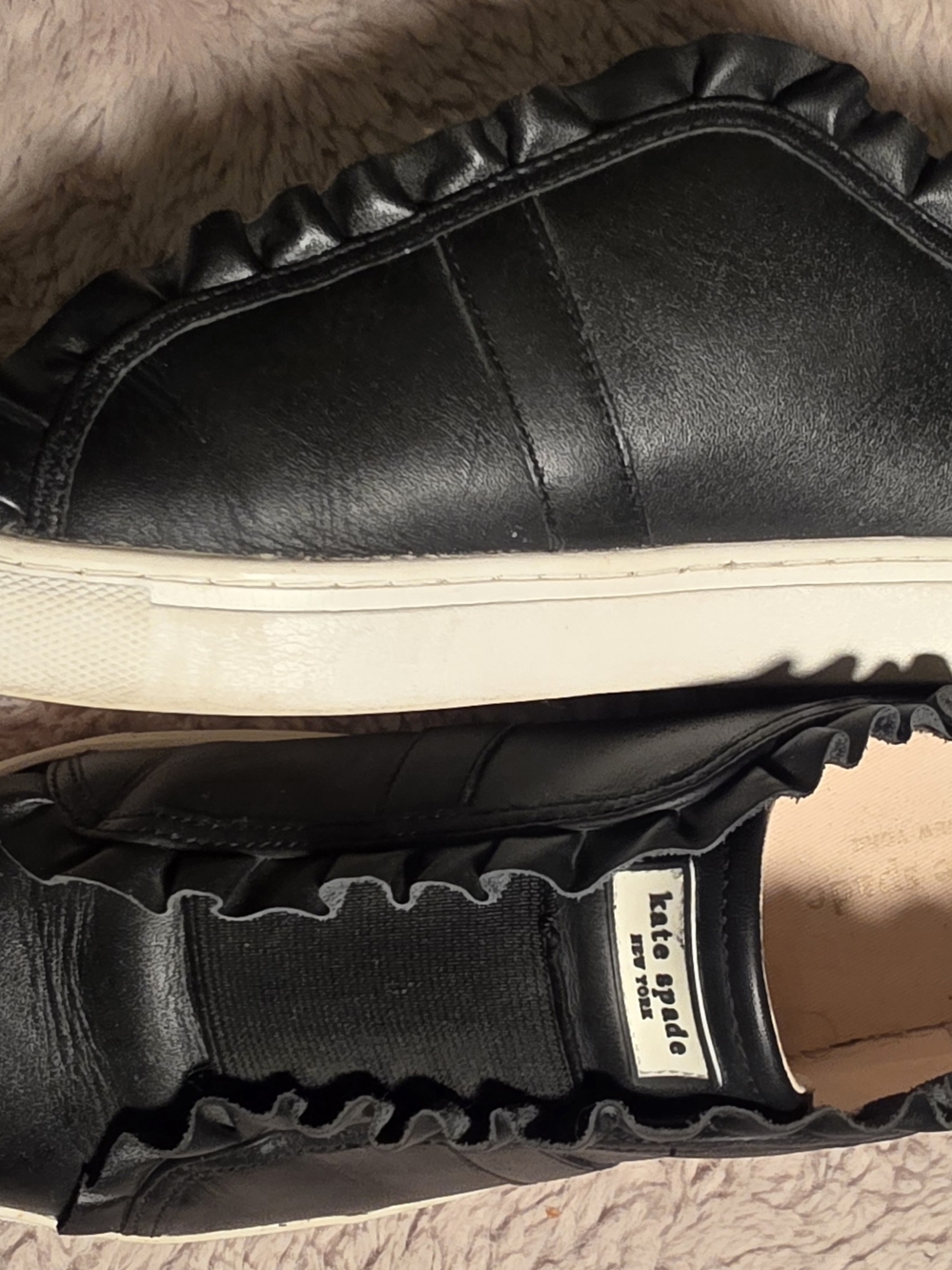 kate spade Black Ruffle Leather Slip-On Loafers